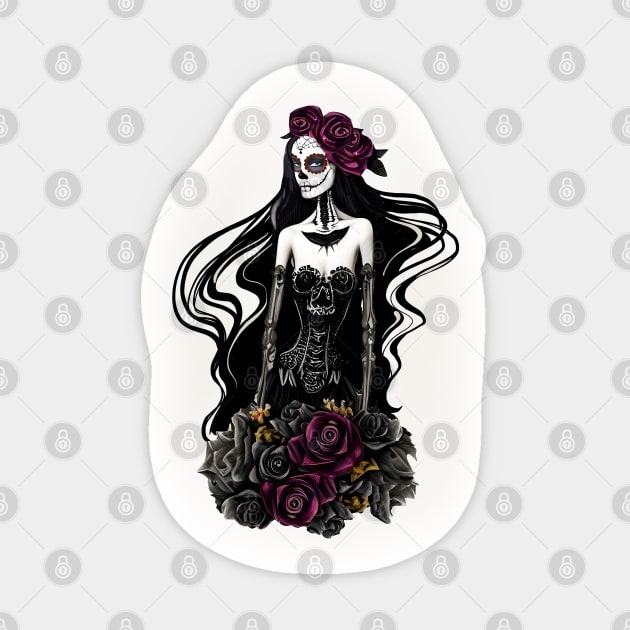 Lady skull, sugar skull, dark, catrina, skeletons lovers, cool skulls, bones, gothic floral lady Sticker by Collagedream